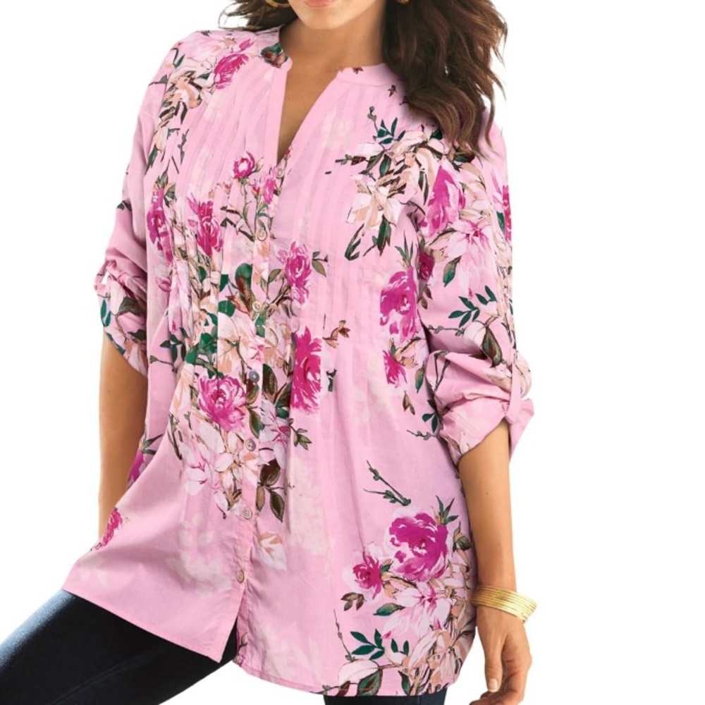 Roaman's Pink and Red Cuffed Sleeve Blouse with Mandarin Collar size 18W